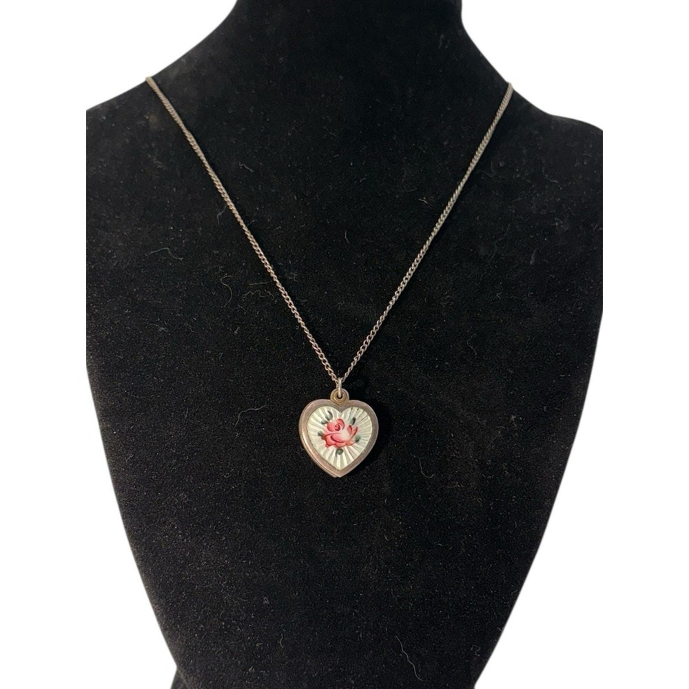 Vintage Sterling Silver 925 Guilloche Enamel Religious Heart Locket 18" Necklace